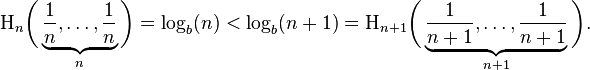 \Eta_n\bigg(\underbrace{\frac{1}{n}, \ldots, \frac{1}{n}}_{n}\bigg) = \log_b(n) < \log_b (n+1) = \Eta_{n+1}\bigg(\underbrace{\frac{1}{n+1}, \ldots, \frac{1}{n+1}}_{n+1}\bigg).