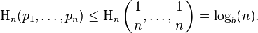  \Eta_n(p_1,\ldots,p_n) \le \Eta_n\left(\frac{1}{n}, \ldots, \frac{1}{n}\right) = \log_b (n).