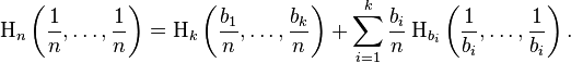 \Eta_n\left(\frac{1}{n}, \ldots, \frac{1}{n}\right) = \Eta_k\left(\frac{b_1}{n}, \ldots, \frac{b_k}{n}\right) + \sum_{i=1}^k \frac{b_i}{n} \, \Eta_{b_i}\left(\frac{1}{b_i}, \ldots, \frac{1}{b_i}\right).