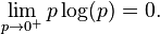 \lim_{p\to0^+}p\log (p) = 0.