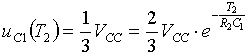 uC1(T2)=1/3Vcc=2/3Vcc*exp(-T2/(R2*C1))