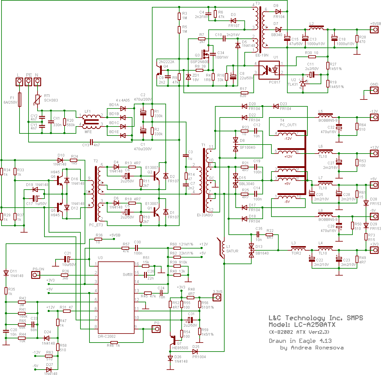 Schéma ATX zdroje LC-A250ATX